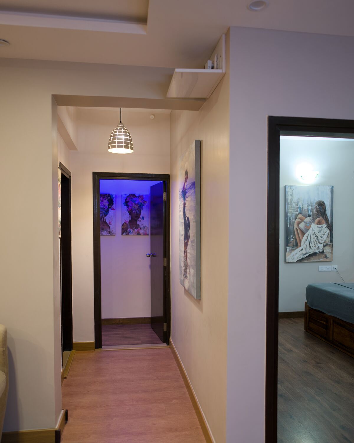 The hallway with its caged pendant lamp and paintings