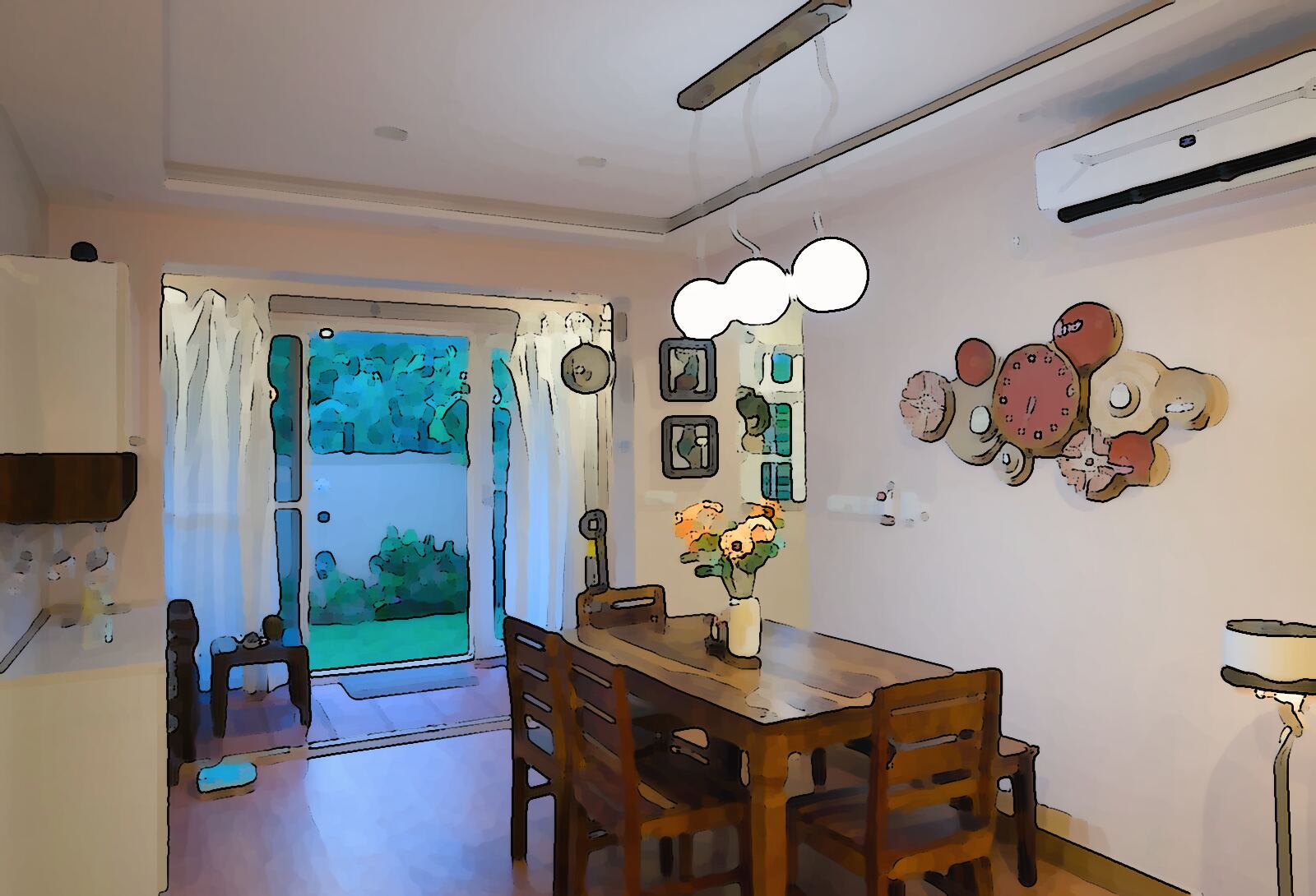 Design study of the dining room opening to its private garden
